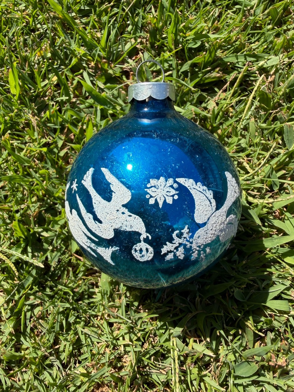 VTG Blue Mercury Glass Stenciled Christmas Ornament Peace Doves Holly Leaves 3”